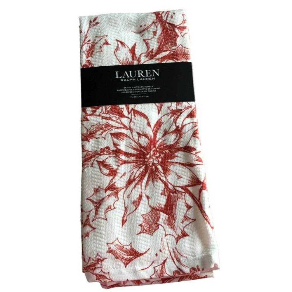 Ralph Lauren Kitchen Dish Towels Set of 2 Floral Christmas Poinsettia Red White